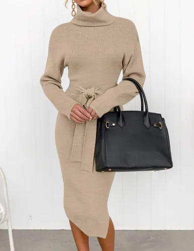 Vista 27 de ZESICA - Vestido por debajo de la rodilla de suéter, de cuello alto, para mujer, de manga larga, de punto acanalado, con abertura y cinturón