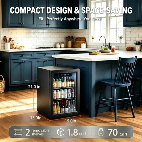 Vista 2 de Refrigerador de bebidas, mini refrigerador de 1.8 pies cúbicos con puerta de vidrio y control electrónico de temperatura para cerveza, vino