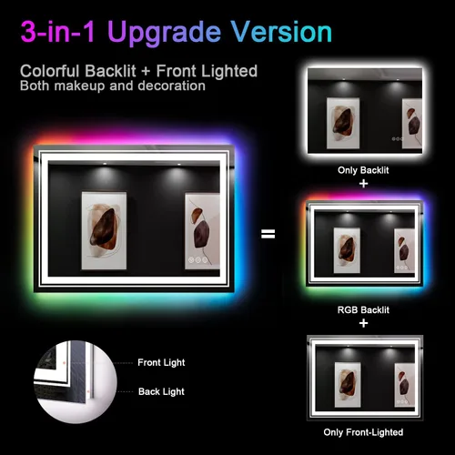 Vista 5 de Snowdool Espejo LED para baño, 28 x 36 pulgadas con retroiluminación RGB de 8 colores + 3 luces delanteras (ajustables individualmente), antiniebla