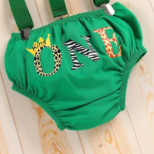 Vista 5 de IMEKIS Traje de 1er cumpleaños para bebés niños con estampado de animales de safari en la selva, mameluco, tirantes, pantalones cortos, sombrero, 4