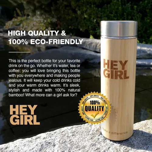 Vista 5 de Hey Girl - Botella infusor de té de bambú con colador de té, botella de agua aislada de acero inoxidable para té y café de hojas sueltas, vaso de té