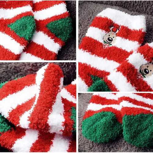 Vista 7 de Calcetines peludos de Navidad, 6 pares de calcetines lindos de forro polar coral, cálidos y acogedores, calcetines de vacaciones para mujeres