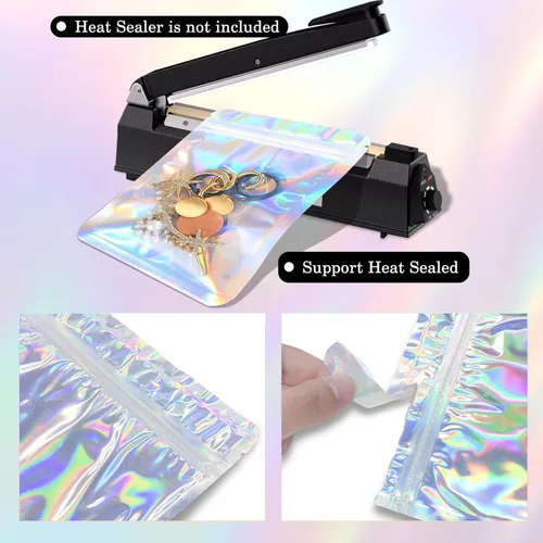 Vista 3 de Bolsas Holográficas y Bolsa de Papel de Aluminio Resellable Mylar Bolsa de Muestra Ideal para Favores de Fiesta Almacenamiento de Alimentos Bolsas a