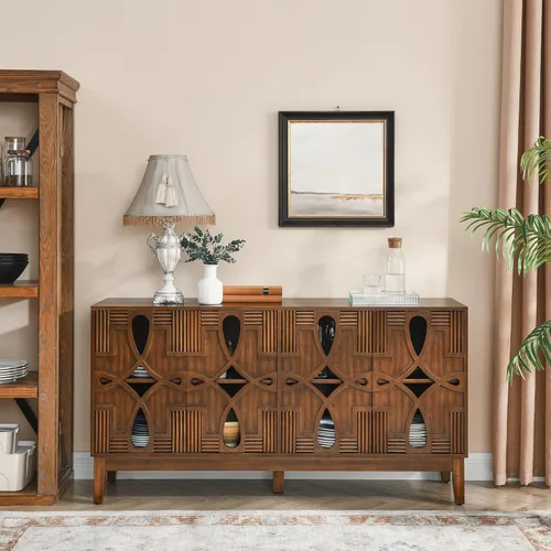 Vista 14 de Mesa consola estrecha de 39 pulgadas con puertas huecas, aparador moderno de mediados de siglo con 2 orificios de salida, gabinete de almacenamiento
