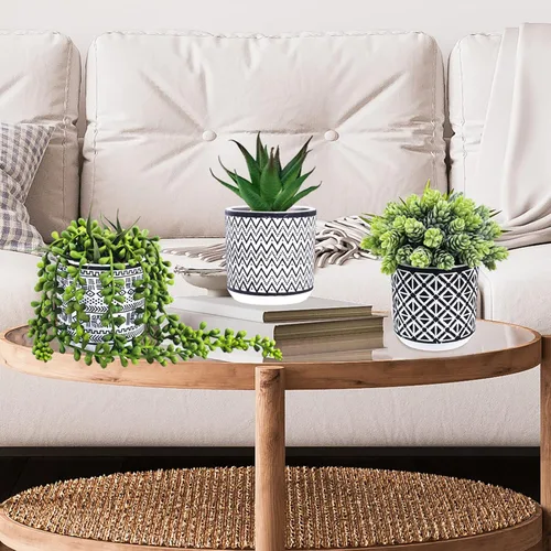 Vista 8 de Winlyn 3 piezas pequeñas de plantas suculentas en maceta, cadena de perlas artificiales, lúpulo de aloe en macetas geométricas de hormigón negro