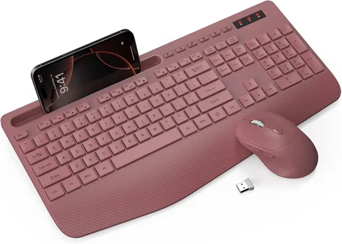 Vista 10 de Combo de teclado y mouse inalámbrico - Teclado ergonómico de tamaño completo con reposabrazos, soporte para teléfono, modo de suspensión, combo