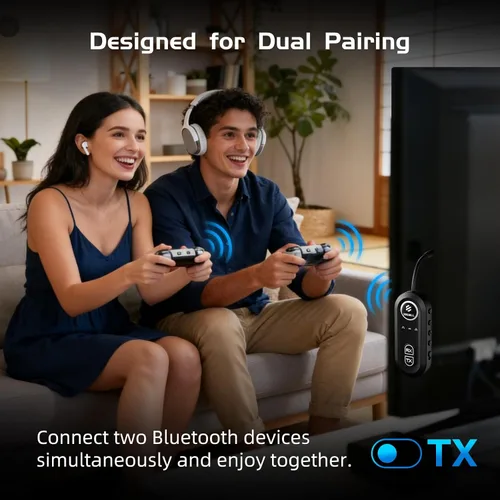 Vista 5 de Receptor transmisor Bluetooth 5.4 actualizado 2026, adaptador Bluetooth de avión, transmisor inalámbrico compatible con 2 AirPods/auriculares