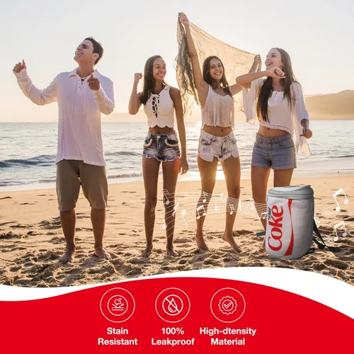 Vista 11 de Bolsa enfriadora con forma de lata de Coca Cola con altavoz Bluetooth, tiempo de reproducción de 5 horas, correas ajustables, cremalleras, tela