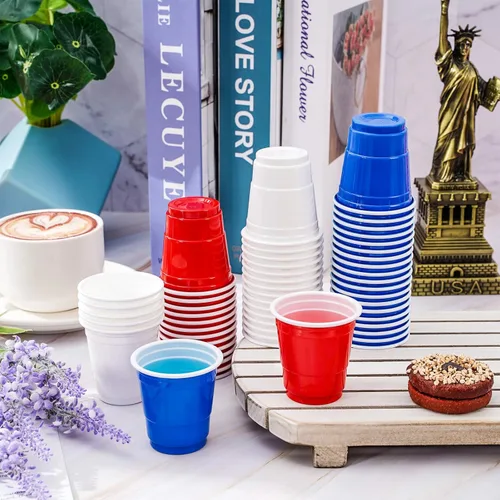 Vista 4 de Whaline 150 vasos de chupito de plástico patrióticos de 2 onzas para el 4 de julio, desechables, pequeños, rojo, blanco, azul, para fiesta de 250