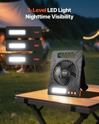 Vista 5 de VEVOR Ventilador solar recargable de 10000 mAh con linterna LED, ventilador portátil de 7 pulgadas inalámbrico con panel solar plegable de 4 W, 4