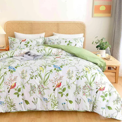 Vista 10 de Nanko Juego de funda de edredón de tamaño matrimonial, estampado de hojas florales verdes, funda de edredón de microfibra con lazos de cremallera
