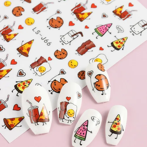 Vista 6 de 6 hojas de calcomanías de uñas de jirafa de dibujos animados 3D, calcomanías autoadhesivas lindas Kawaii para arte de uñas de pizza, bocadillos