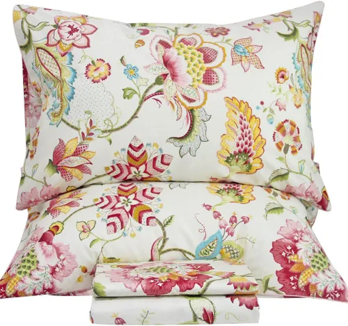 Vista 10 de QSH Juego de sábanas de tamaño individual 100% algodón egipcio, estampado de flores verdes con pájaros, mariposas y botánicas, lujo impreso, ropa