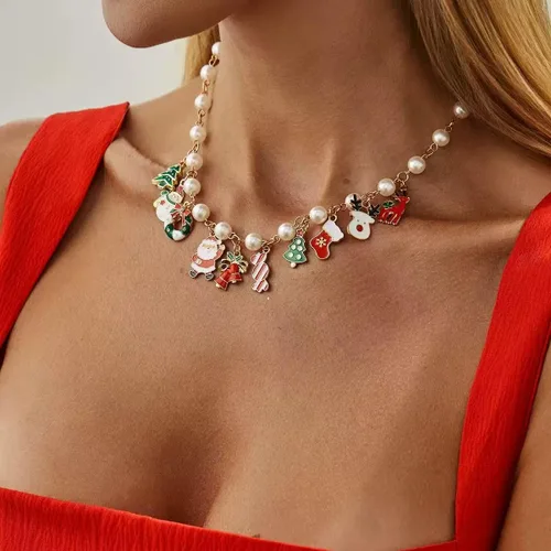 Vista 5 de Christmas Jewelry Set for Women - Christmas Earrings, Bracelet, Necklace Trio & Pearl Necklace with Festive Pendant Festive Holiday Party Jewelry