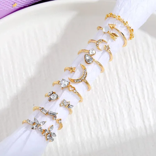 Vista 7 de KISS WIFE Juego de anillos apilables dorados para nudillos de luna y estrella para mujeres, adolescentes, niñas, bohemios, delicados y ligeros