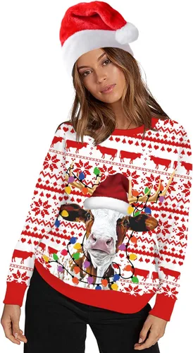 Vista 58 de Sudaderas de Navidad unisex con estampado 3D y cuello redondo, manga larga, suelta, suéter de Navidad