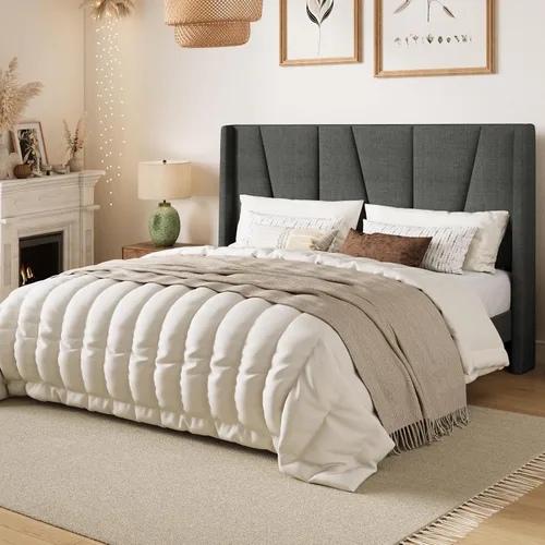 Vista 3 de SHA CERLIN Base de cama tamaño Queen con cabecera geométrica con respaldo de ala, plataforma tapizada con soporte de listones de madera, espacio Gris