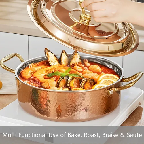 Vista 2 de YJX olla de 4.2QT con tapa martilleada, oro rosa de cobre, acero inoxidable tricapa, utensilio de cocina multifuncional para hornear, asar, guisar