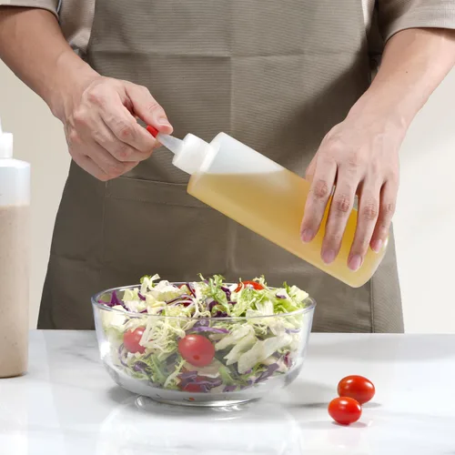 Vista 7 de Sopito Botellas exprimibles, botellas de plástico para condimentos de 16 onzas con etiquetas, embudos y cepillo para líquidos, salsas, aceite