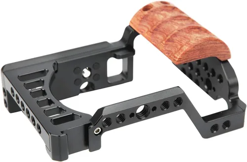 Vista 8 de Vlog - Jaula para cámara A7C, kit de estabilizador de video para cámara con mango de madera, con orificio de tornillo de 1/4 y 3/8 pulgadas