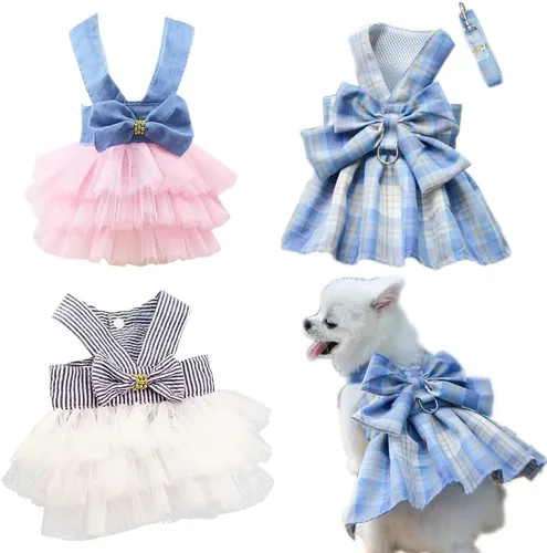Vista 8 de Ropa para perro, arnés y vestido, paquete de vestidos Yorkie para niña, vestido rosa, trajes azules, lindo juego de correa, talla XS