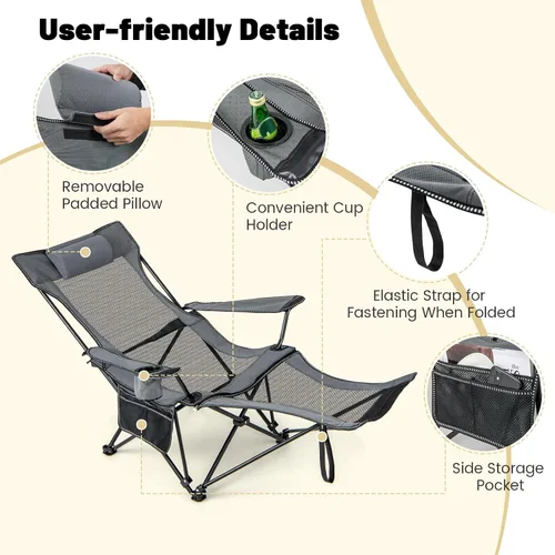 Vista 8 de GYMAX Silla de campamento, silla reclinable ajustable con reposapiés extraíble, almohada acolchada, portavasos y bolsillo lateral, silla plegable