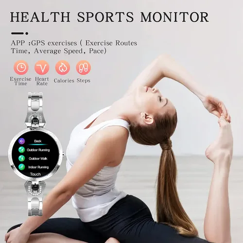 Vista 6 de findtime Reloj inteligente plateado para mujer, pulsera inteligente con diamantes de acero inoxidable, elegante rastreador de fitness, podómetro