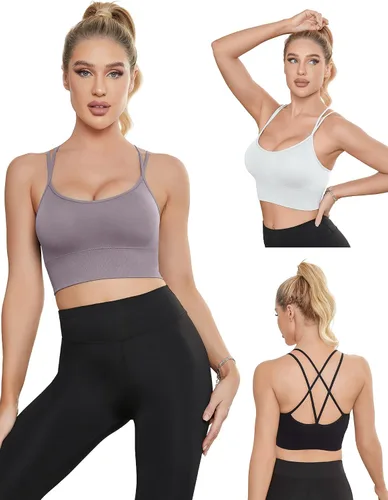 Vista 2 de Sports Bras for Women Criss-Cross Back with Removable Cups Low Impact Workout Fitness Yoga Cropped Tank Tops Set