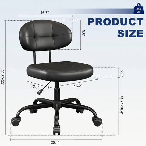 Vista 2 de Misolant Silla de tocador con respaldo, pequeña silla de oficina sin brazos con ruedas y soporte lumbar, cómodas sillas de escritorio de piel Negro