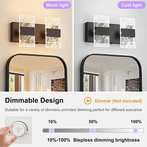 Vista 4 de Moderna lámpara LED de baño, regulable, 2 luces, color negro, 5CCT, ajustable, luces de tocador sobre el espejo, luces LED de acrílico ahumado