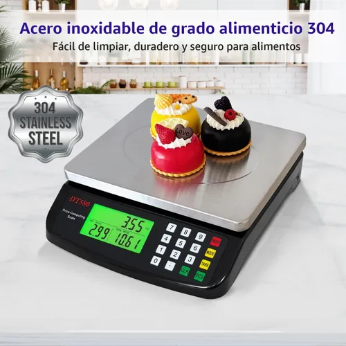 Vista 5 de Gran báscula digital de cocina 40kg/88lb de acero inoxidable, báscula de precios y conteo, báscula para delicatessen con pantalla LCD para hornear