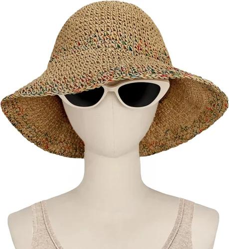 Vista 4 de Sombrero de paja para mujer, sombrero de playa plegable, sombrero de ala ancha