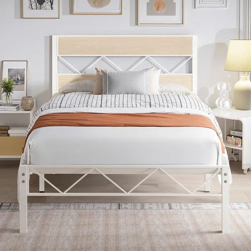 Vista 17 de VECELO Base de cama tamaño individual, plataforma de metal resistente con cabecera de madera, no necesita somier, color marrón antiguo