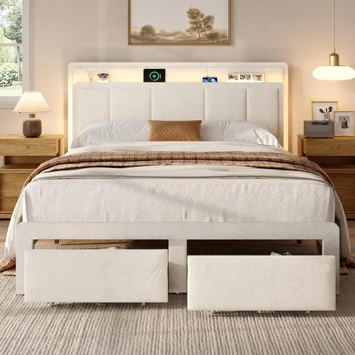 Vista 10 de Base de cama de tamaño matrimonial, cama de plataforma tapizada con 2 cajones de almacenamiento, cabecera de canal vertical de terciopelo con luces