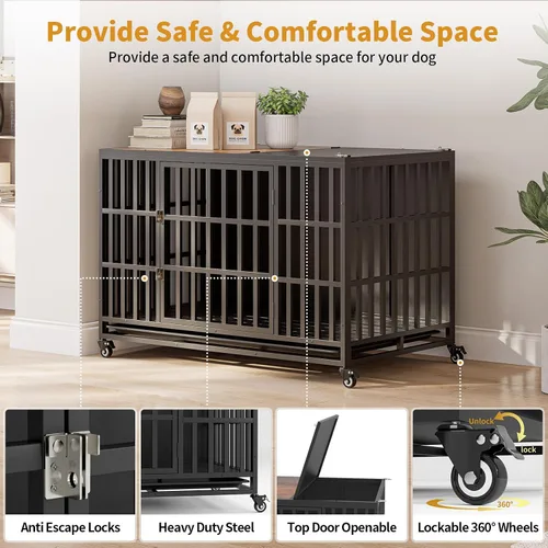 Vista 9 de Mueble resistente de 49 pulgadas, jaulas de madera para perros grandes y medianos, perrera interior con bandeja extraíble, mesa auxiliar decorativa