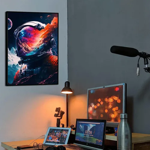 Vista 5 de Arte de pared de astronauta abstracto divertido póster de astronauta colorido universo fantástico pintura espacial impresiones surrealismo planetas