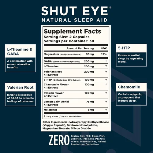Vista 2 de Shut Eye Suplemento natural para ayudar al sueño para adultos 5 mg de melatonina Ayuda a relajar y promover el sueño profundo natural con raíz