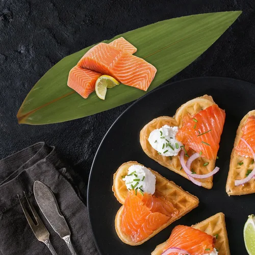 Vista 8 de Kichvoe Hojas decorativas de sushi, 100 piezas de hoja de bambú, tapete japonés de comida para sashimi, placa de decoración de hojas verdes