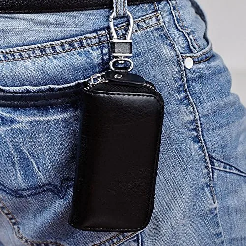 Vista 7 de Cartera de cuero genuino con 8 ganchos con cierre de cremallera para hombres y mujeres