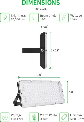 Vista 2 de Viugreum Luz de inundación LED de 100 W, 8000 lúmenes, 3000 K, blanco cálido, reflector delgado para exteriores, luces de seguridad impermeables