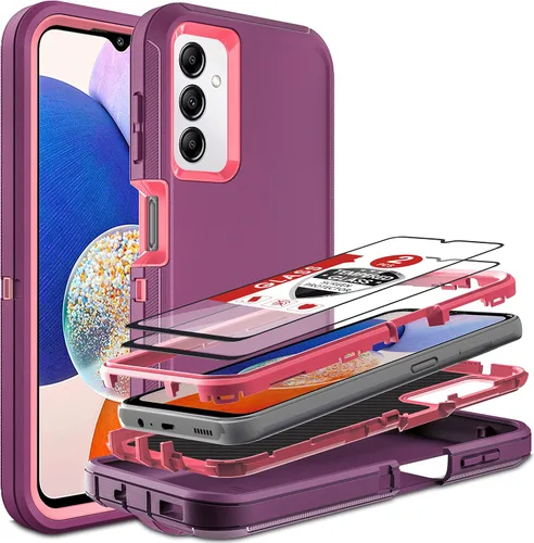 Vista 8 de Funda para Samsung Galaxy A14 5G, 3 en 1, protección resistente a prueba de golpes con 2 protectores de pantalla de vidrio templado, color azul Azul