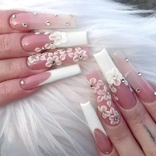 Vista 20 de Uñas postizas a presión con punta francesa cuadrada larga con arco 3D, diseños de línea de copo de nieve, uñas de invierno, uñas a presión
