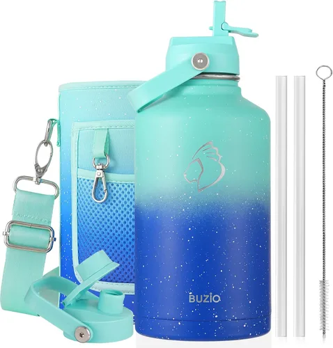 Vista 23 de BUZIO Botella de agua aislada de 24 oz, frasco de agua de boca ancha de acero inoxidable con tapa de pajita, frío durante 48 horas a prueba de Negro