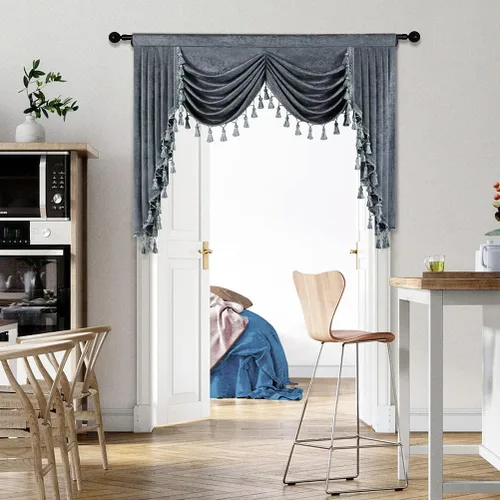 Vista 26 de ELKCA Cenefa de cortina de felpilla beige para ventana de sala de estar, cenefa de cascada para dormitorio, bolsillo para barra