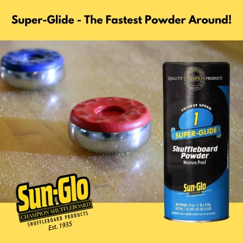 Vista 4 de Sun-Glo Shuffleboard Sand - Cera en polvo para tejo con mini recogedor y mini cepillo, paquete de 2 (16 onzas cada uno) SunGlo #1 Super Glide
