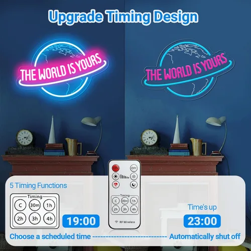 Vista 2 de Letrero de neón con atenuador remoto, lámpara de luz LED de neón azul hielo y rosa planeta para decoración de pared, cueva de hombre, hogar, bar