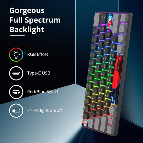 Vista 3 de Owpkeenthy Teclado mecánico con cable 60% para juegos con interruptor azul, teclado RGB ultra compacto, teclas retroiluminadas, teclas N-Key