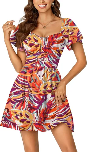 Vista 24 de Rooscier Minivestido acampanado de manga corta con volantes, cuello cuadrado, envolvente y espalda anudada para mujer