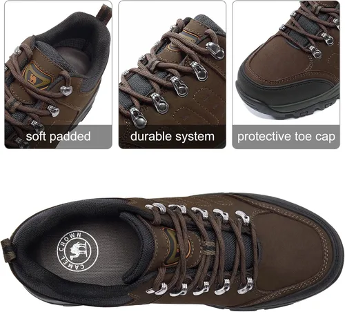 Vista 2 de CAMEL CROWN Zapatos de senderismo para hombre, botas de corte bajo, zapatos de cuero para caminar al aire libre, senderismo, entrenamiento, trabajo