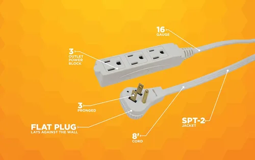 Vista 5 de Woods SlimLine Cable de extensión plano para interiores, 8 pies, enchufe de ángulo recto calibre 16, 3 tomas polarizadas, 125 voltios, blanco, 2241